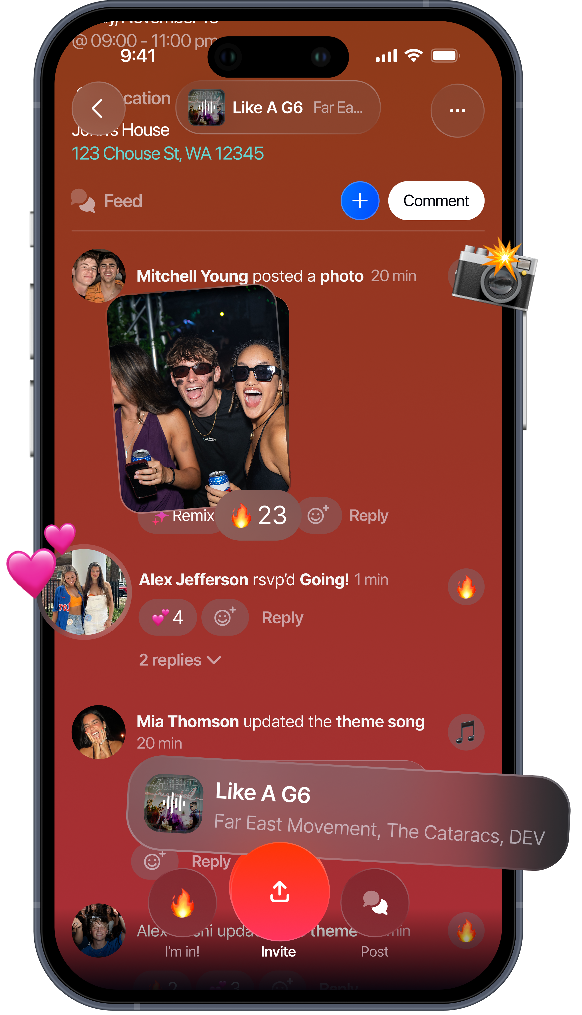 DoorList event feed with photos, reactions and music