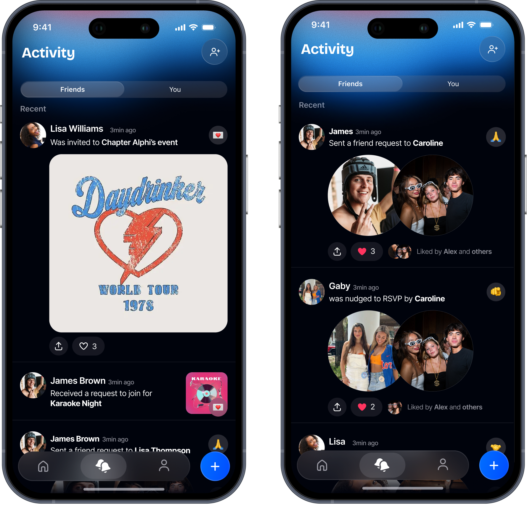Friends Activity feed shown in two phone mockups