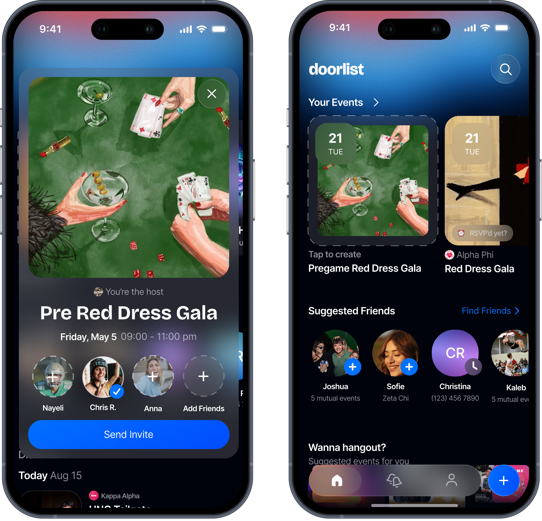 Pregames invitation and event discovery phone mockups over a party photograph